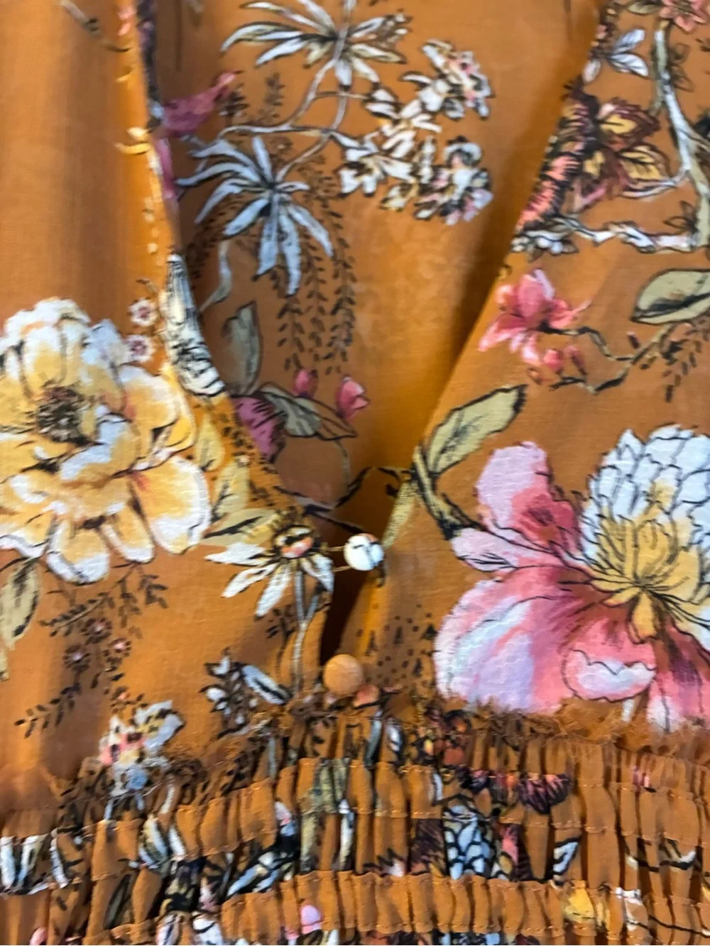 Smocked Waist Floral Long-Sleeve Dress - Mustard